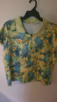 White Stag Womens XL VTG Isle Print S Sleeve Polo Slits Sides Green