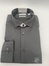 99 Calvin Klein Men's Grey Slim-Fit Stain-Shield Dress Shirt Size 16 32/33