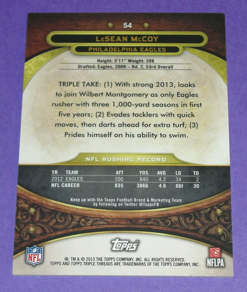 2013 Triple Threads LeSEAN McCOY #54 Gold Foil/99 Eagles CHIEFS Buccaneers PITT - Image 2 of 2