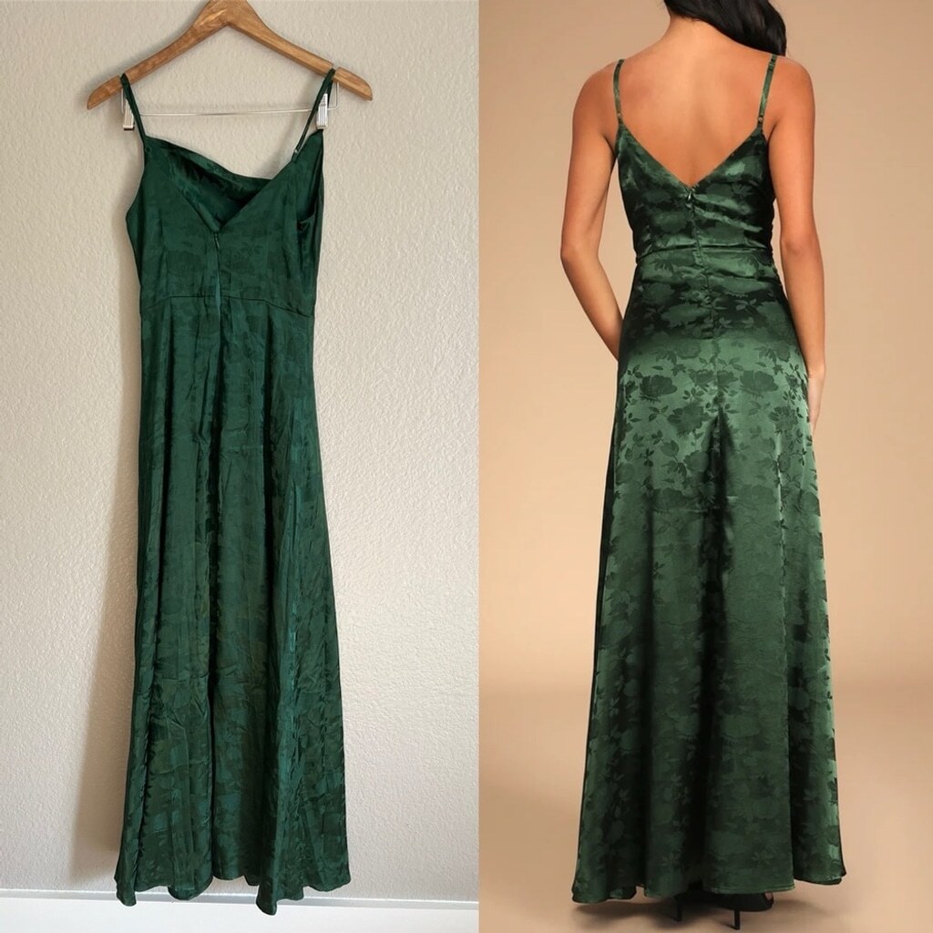 Lulus Simply Dreamy Emerald Green Satin Floral Jacquard Maxi Dress