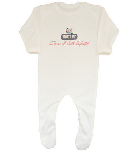 Trust Me Baby Grow Sleepsuit I Know all about Elephants Boys Girls Gift - Picture 1 of 2