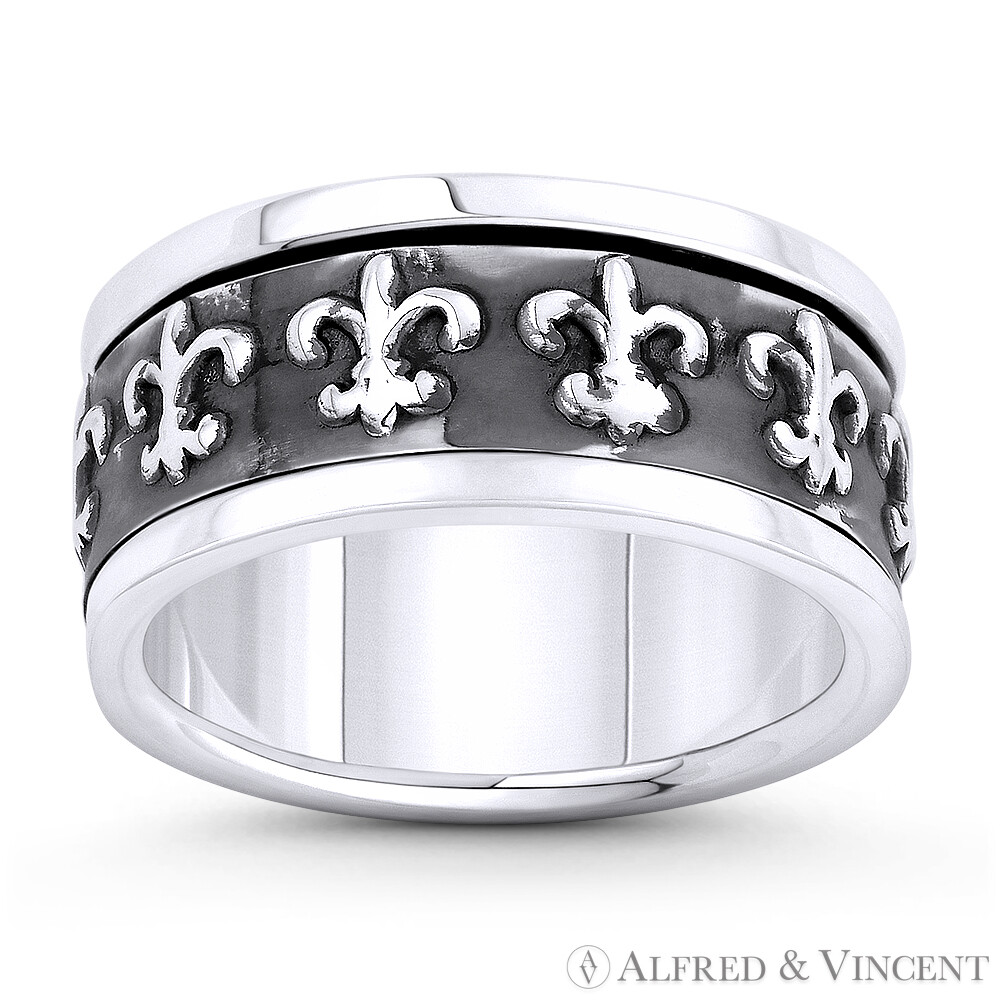 Fleur-De-Lis Lily Flower Men's Band Spinning Ring in 925 Sterling  Silver