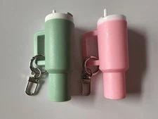 2 - Mini "Stanley Style" Tumbler Keychain Chapstick Holder Light Green & Pink
