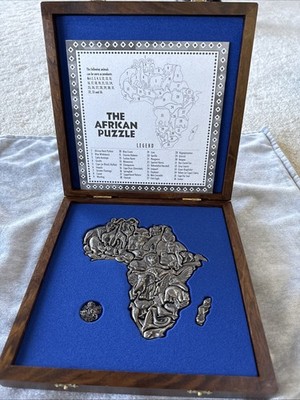 Vintage African Pewter Animal Puzzle NIB.  Wood Box.