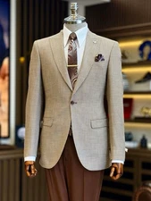 Men's Brown Houndstooth Peak Lapel Blazer Groom Tuxedo Prom Leisure Wedding Suit