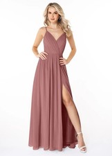 Long A-Line Bridesmaid Dress with Slit (AZAZIE GRACIE) in Desert Rose, Worn Once