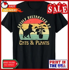Retro Pet Cat Plant Lover Easily Distracted By Plants & Cats T-Shirt
