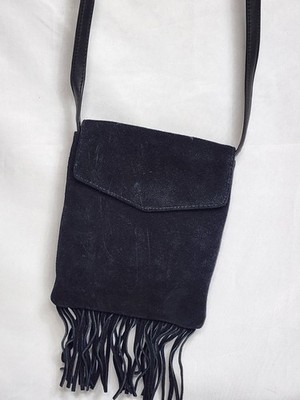 Q & A cross body bag black Leather fringe Purse  7'' X 6'' Aprox 24''Drop Strap New