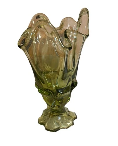 Fenton Swung Art Glass Colonial Green Thumbprint Handkerchief  Vase 8" Vtg