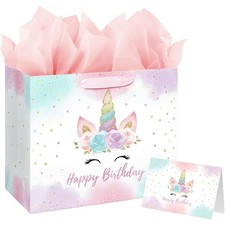 Large Unicorn Birthday Gift Bag with Card and Tissue Paper for Girls Kids Party