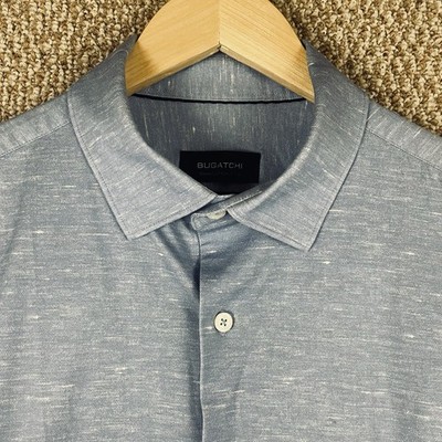 Bugatchi Shirt Mens Large Blue Ooohcotton Tech 8 Way Stretch Office Heathered