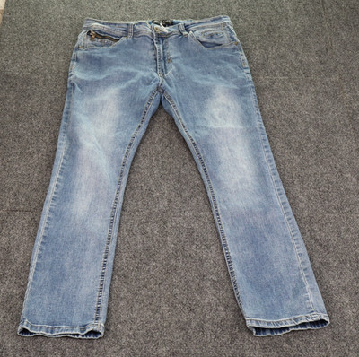 Free Planet Jeans Mens 34x30 Blue Denim Straight Leg Retro Distressed zip pocket