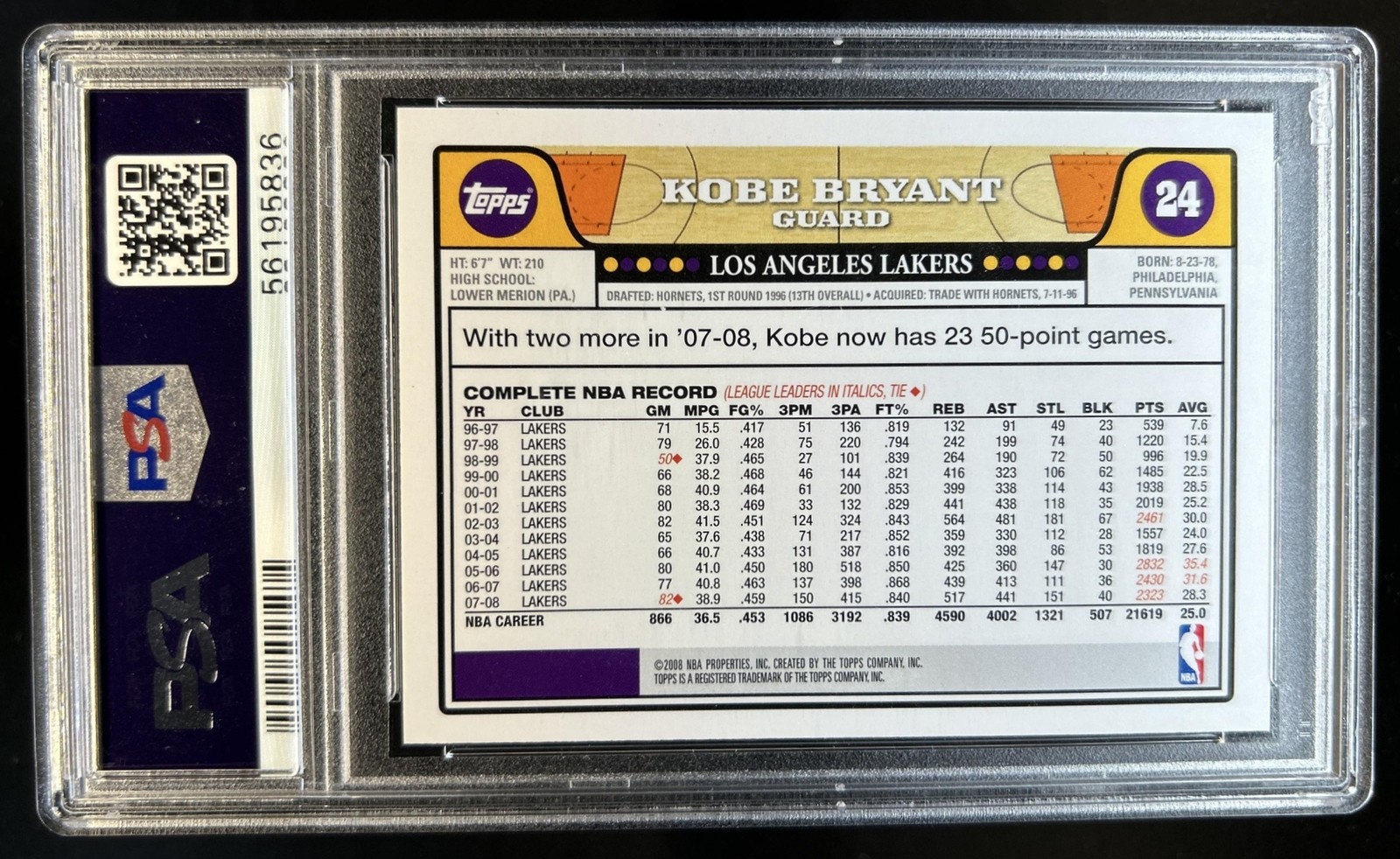 2008-09 Topps Kobe Bryant #24 Lakers PSA 9 view 2