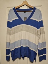 TOMMY HILFIGER Sweater Mens L Signature Striped V-Neck Premium Cotton NEW
