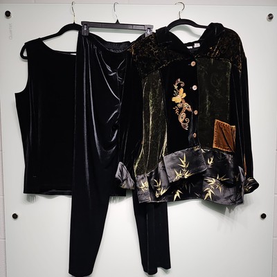 Chicos Set Design Embroidered Velvet Patchwork Jacket + Vest + Pants 