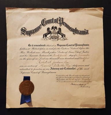 1924 antique SUPREME COURT pa LAW CERTIFICATE Robert H Jackson attorney