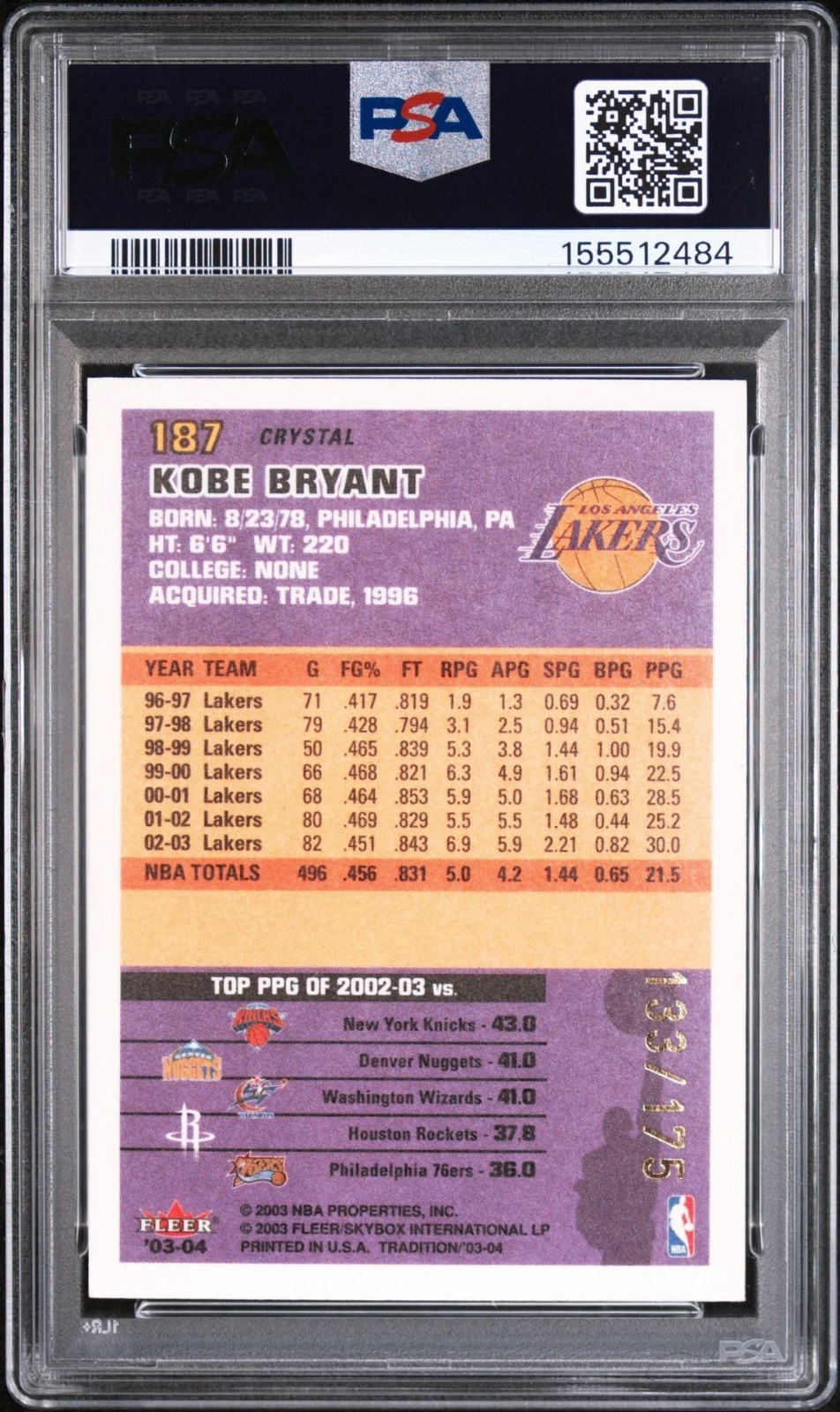 2003-04 Fleer Tradition KOBE BRYANT #187 - Crystal 133/175 - GRADED PSA 9 view 2