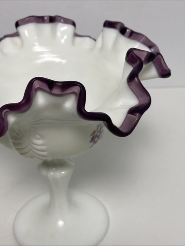 Fenton Purple Amethyst Milk Glass Flower Compote Ruffled Hand Painted Glass - Picture 8 of 11