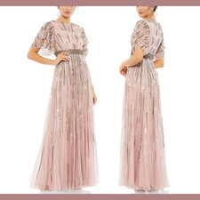 NWT$698 Mac Duggal [ 14 ] Embellished Full Length Layered Sleeve Gown Rose G1359