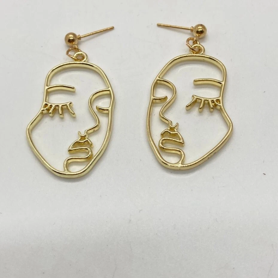 New Abstract Face Outline Earrings Gold Tone Post Dangle Pierced