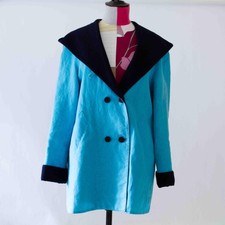 Winnie Magee Aqua/navy Short Hooded Waterproof Linen Coat Petite Size 10