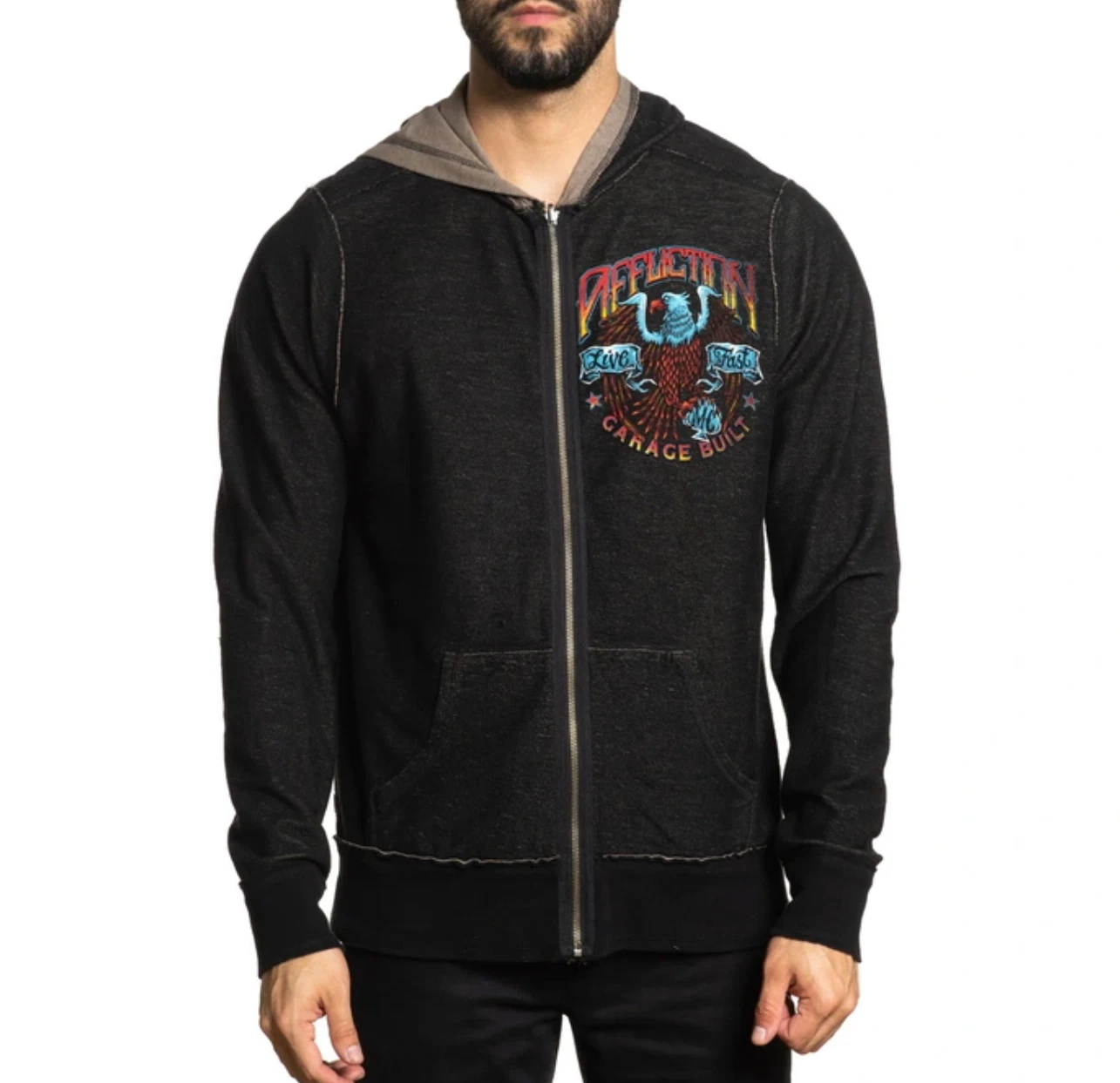 Affliction Men's “BRIGHTON BOMBERS” Reversible foiled graphic Zip Hoodie NWT