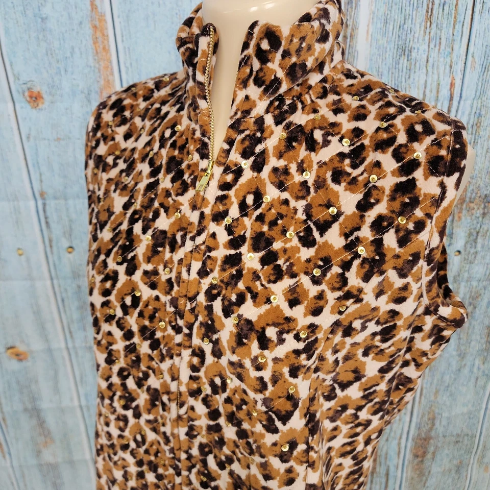 Quacker Factory Vest Womens Size XS Fleece Full Zip Sequin Beaded Leopard VTG - Image 3 of 4
