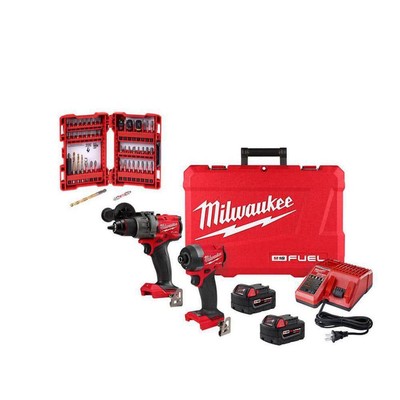 Milwaukee 18V Hammer Drill+Impact Driver Combo Kit (2-Tool) W/Bit Set (50-Piece)