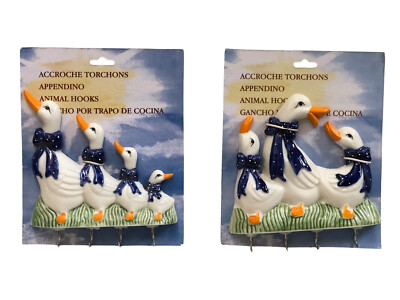 WHITE AND BLUE CERAMIC GEESE HANGER WITH 4 HOOKS CM APPROX 20 BATHROOM KITCHEN