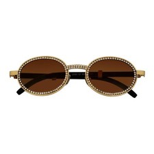 BLING ONE - Rhinestone Retro 90s Round Metal Oval Sunglasses Gold Amber