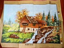 Vintage Satex MLINOVI Water MILLS Cottage Needlepoint Tapestry Canvas 20"x14"