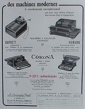 PUBLICITE CORONA MACHINE A ECRIRE ET CALCULER BARRETT HAMANN DE 1929 FRENCH AD