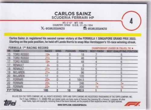 Topps 2024 Chrome Formula 1 No. 4 Carlos Sainz - Bild 2 von 2