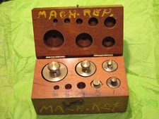 Vintage apothecary oz brass weights for scale balance industrial store wood box