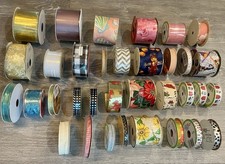 34pc Ribbon Lot Holiday Plaid Wired Floral Burlap Craft Sewing Mix