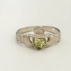 Vintage Sterling Silver Claddagh Heart Ring Peridot August Birthstone Size 7.75