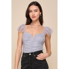 NEW Lulus Bodysuit Small Grey Lace Ruched Flutter Sleeve Sweetheart Romantic