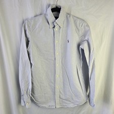 Ralph Lauren Custom Fit Oxford Womens Small Blue Stripe Button Up Flesh Pony