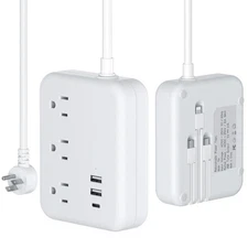 Travel Power Strip with 3 Built-in Cables, Flat Plug Extension Cord with 3 ou...