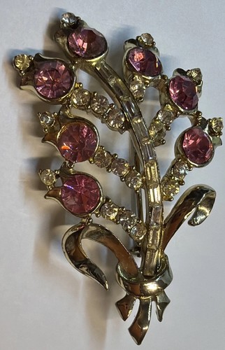 Vintage Corocraft Pink & White RHINESTONES Baguette Floral Beam Spray MCM 1950’s