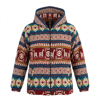 ALPACA WOOL HOODED JACKET M UNISEX WINTER COAT LLAMA PATTERN ANDES