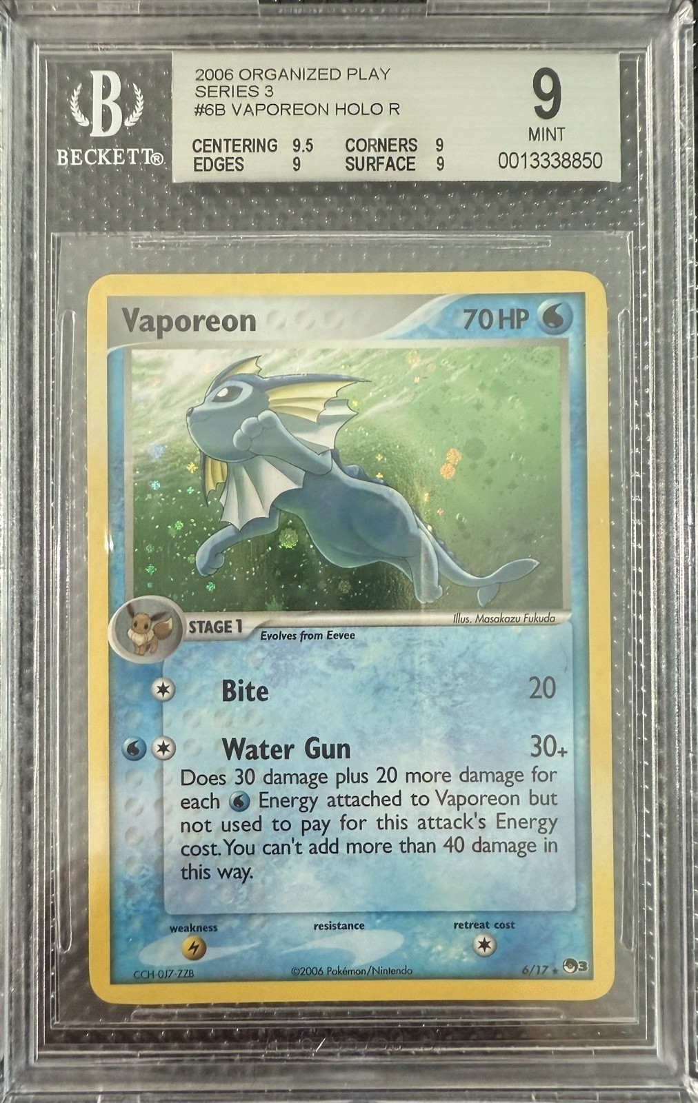 Vaporeon Holo #6/17 - 2006 Pokemon Pop Series 3 - BGS 9 W/ Subs! Low Pop !