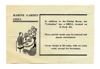 Marine Garden Grill Special Meals Menu SS Columbus 1930's