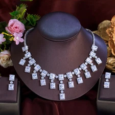 Top Silver Plated CZ Square Dangly Drop Necklace Earrings for Brides Jewelry Set