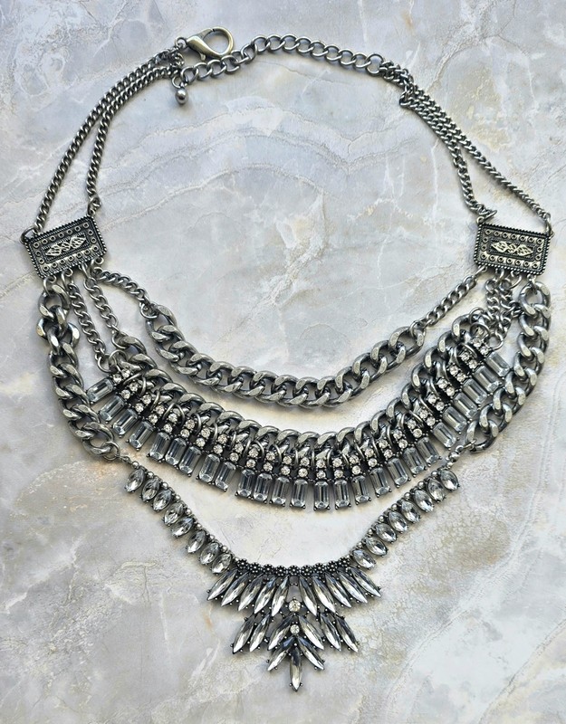 Turkish Style Maxi Rhinestone Layered Statement Necklace Silver Tone Chain Boho
