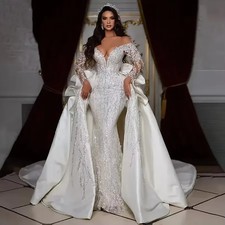 Customized Luxury Shoulder Beads Sequins Wedding Dresses with Detachable Train