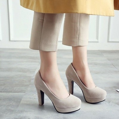 Casual Womens Faux Suede High Block Heels Platform Slip On Pumps Shoes Plus Size