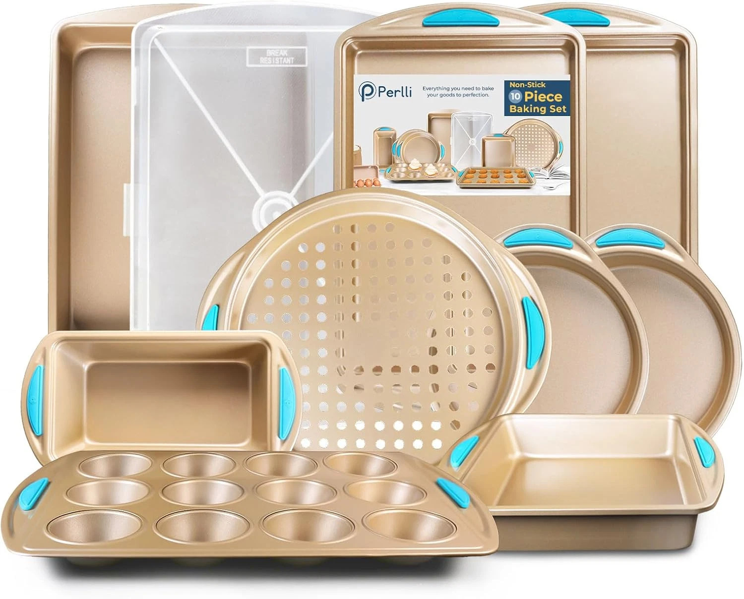 Baking Kit: Nonstick Gold Steel Oven Set-10PC Cookie Sheets,Cake Pans,Pan w/ Lid