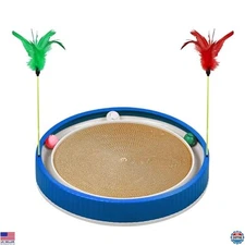 20-Inch Blue Round Cat Scratcher with Ball Track & Feather Toy - 3-in-1 Pad