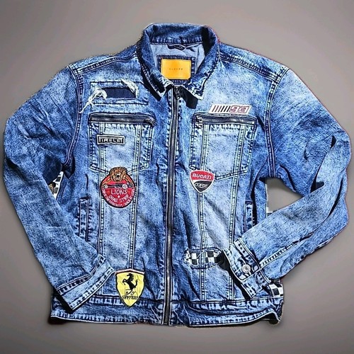 KLOUD 9 Men’s Denim JEAN JACKET 2XL ACID WASH Y2K Look Patched - 第 1/14 張圖片